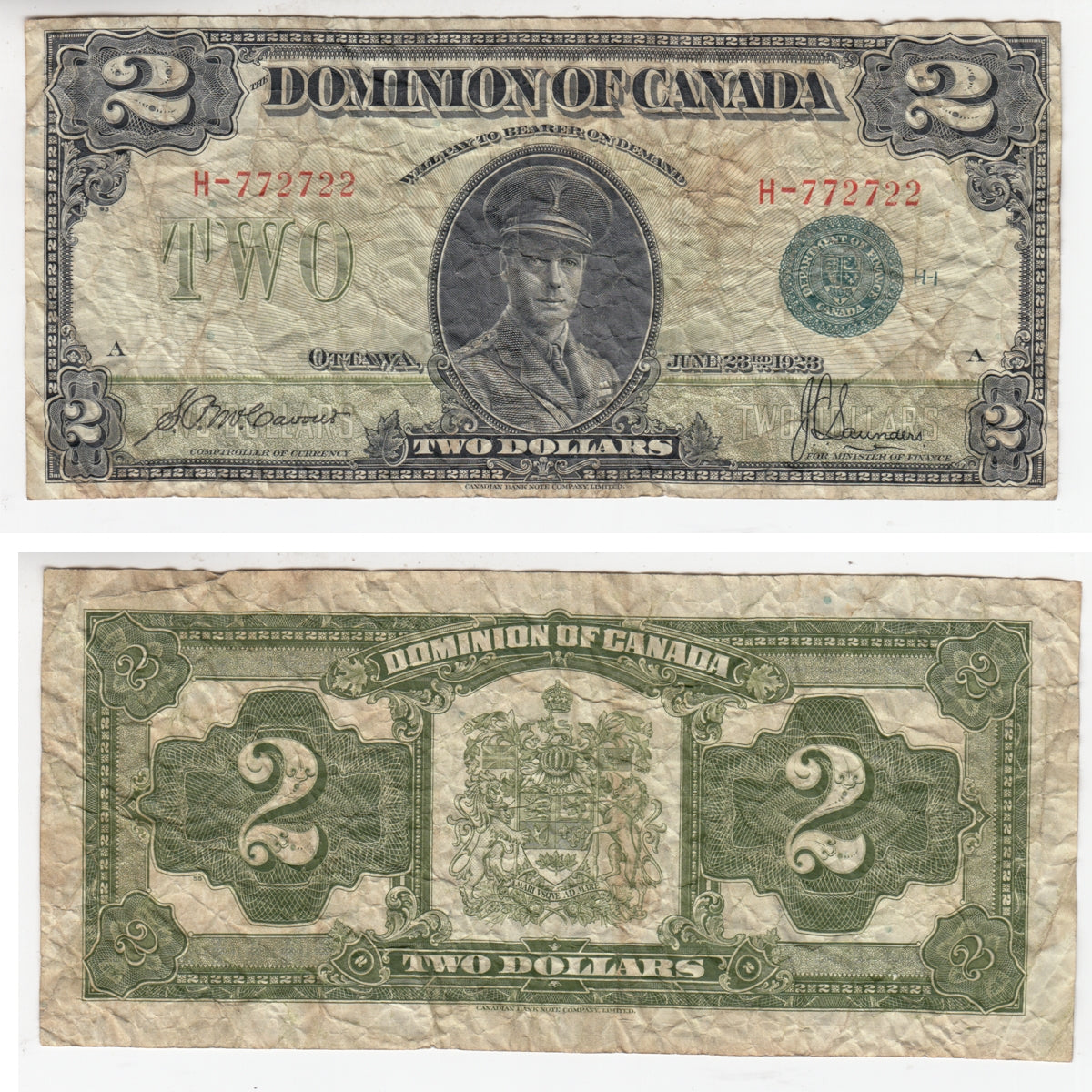 DC-26d 1923 Dominion $2 McCavour-Saunders, Green Seal, Group 1, Series H, Very Fine (VF20)