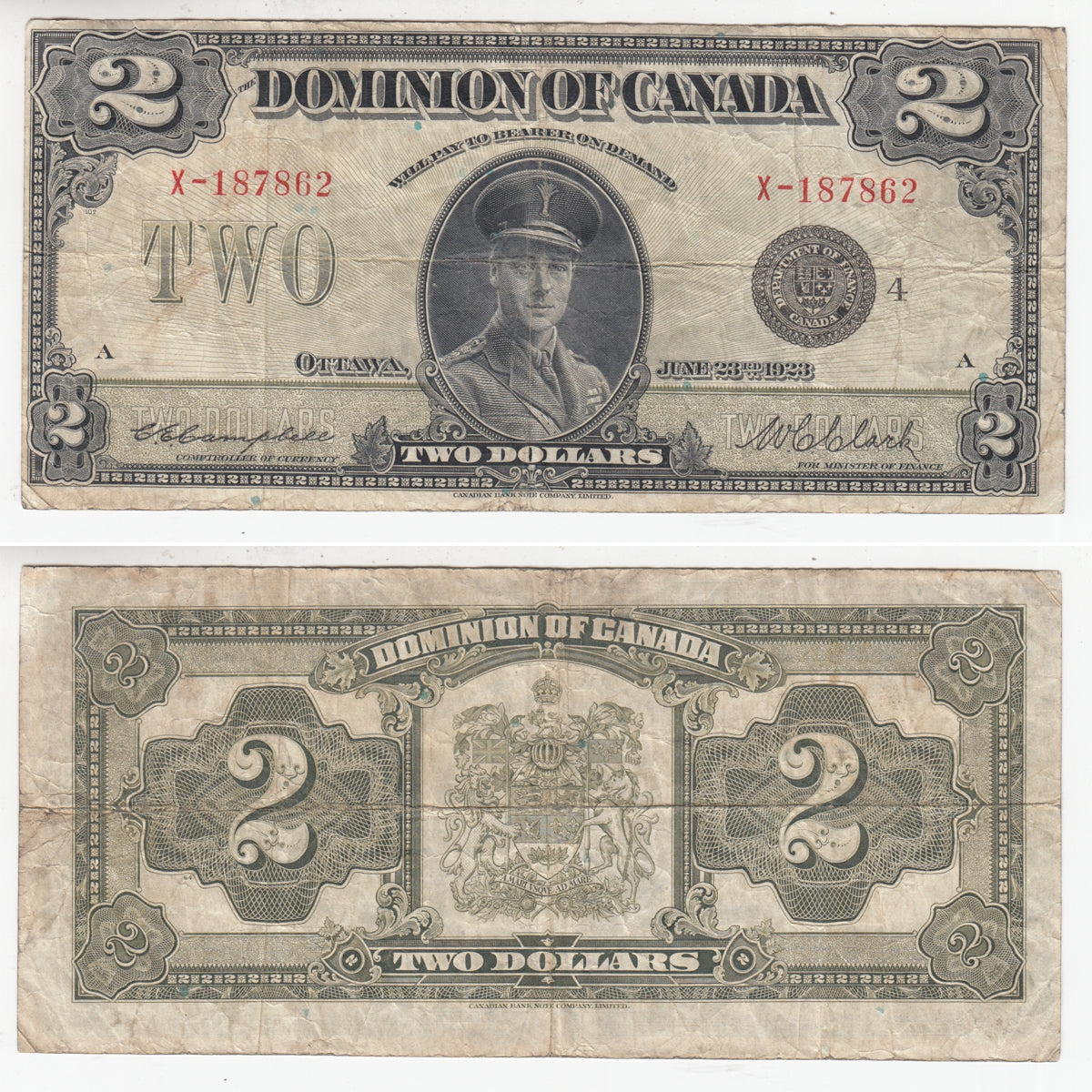 DC-261 1923 Dominion $2 Campbell-Clark, Black Seal, Group 4, Series X, Fine (F12)