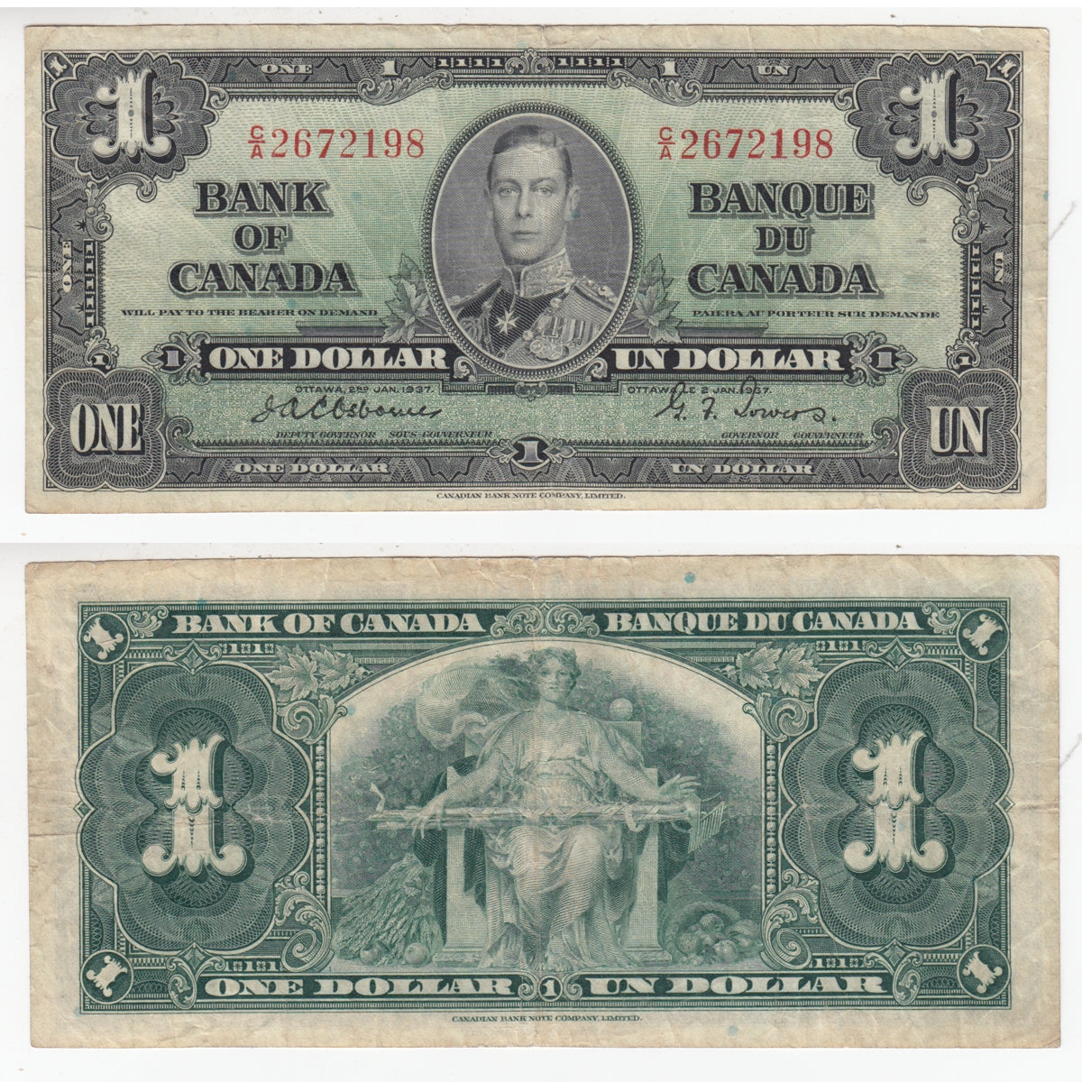 BC-21a 1937 Canada $1 Osborne-Towers, C/A, F-VF (F15)