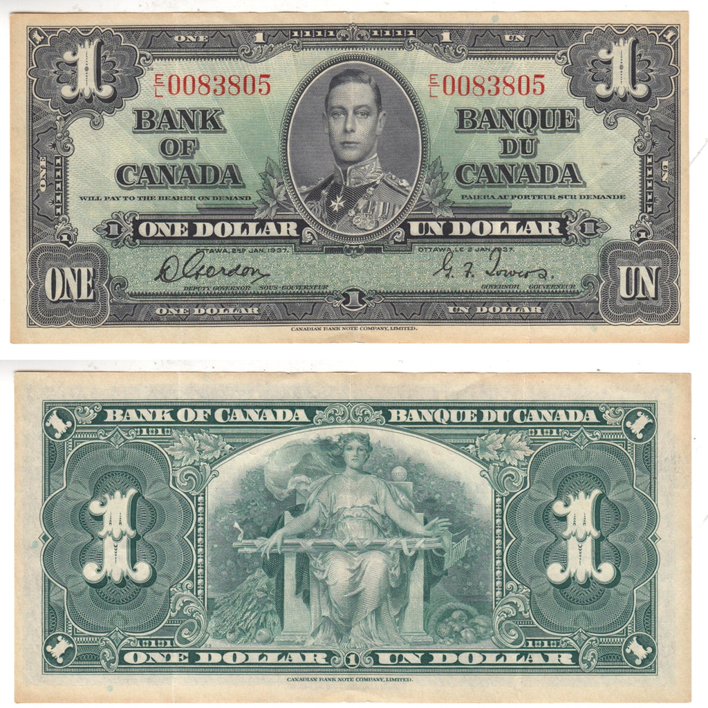 BC-21c 1937 Canada $1 Gordon-Towers, E/L, VF-EF (VF30)