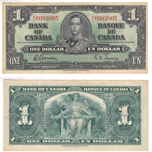 BC-21c 1937 Canada $1 Gordon-Towers, E/L, VF-EF (VF30)