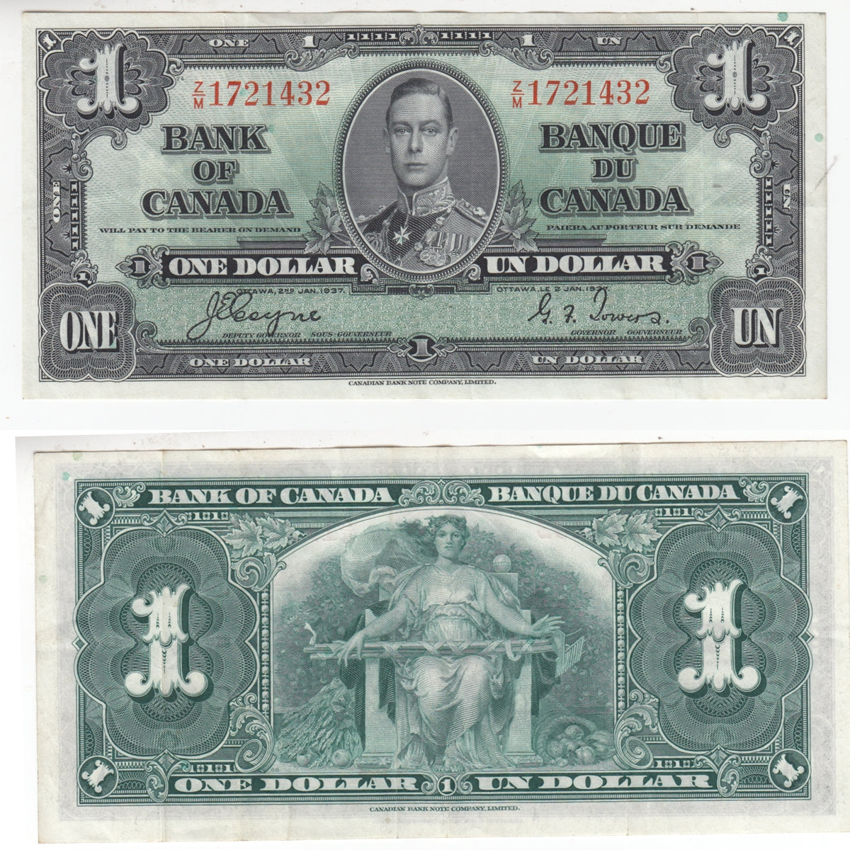 BC-21d 1937 Canada $1 Coyne-Towers, Z/M, VF-EF (VF30)