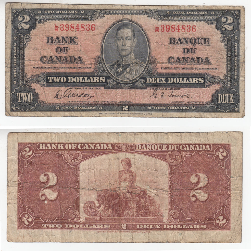 BC-22b 1937 Canada $2 Gordon-Towers, L/B, Very Good (VG8)