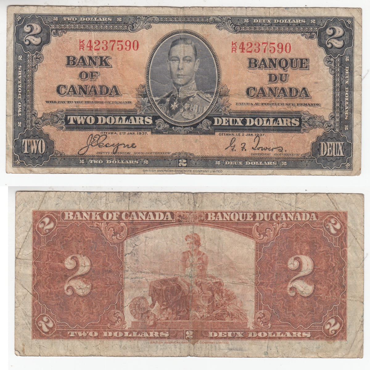 BC-22c 1937 Canada $2 Coyne-Towers, K/R, VG-F (VG10)