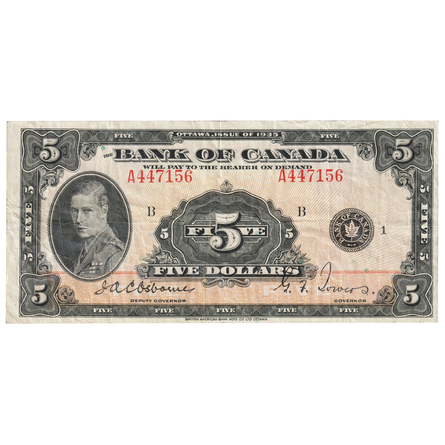 BC-5 1935 Canada $5 Osborne-Towers, English, Very Fine (VF20)