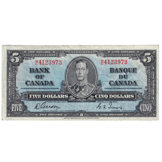 BC-23b 1937 Canada $5 Gordon-Towers, H/C, Very Fine (VF20)