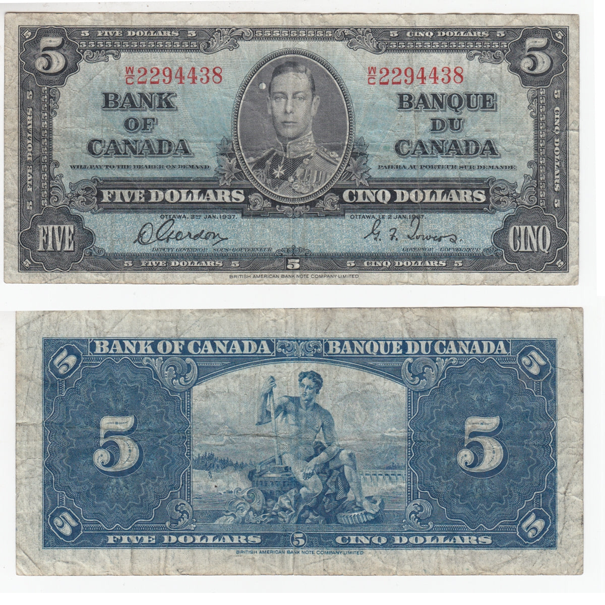 BC-23b 1937 Canada $5 Gordon-Towers, W/C, F-VF (F15)