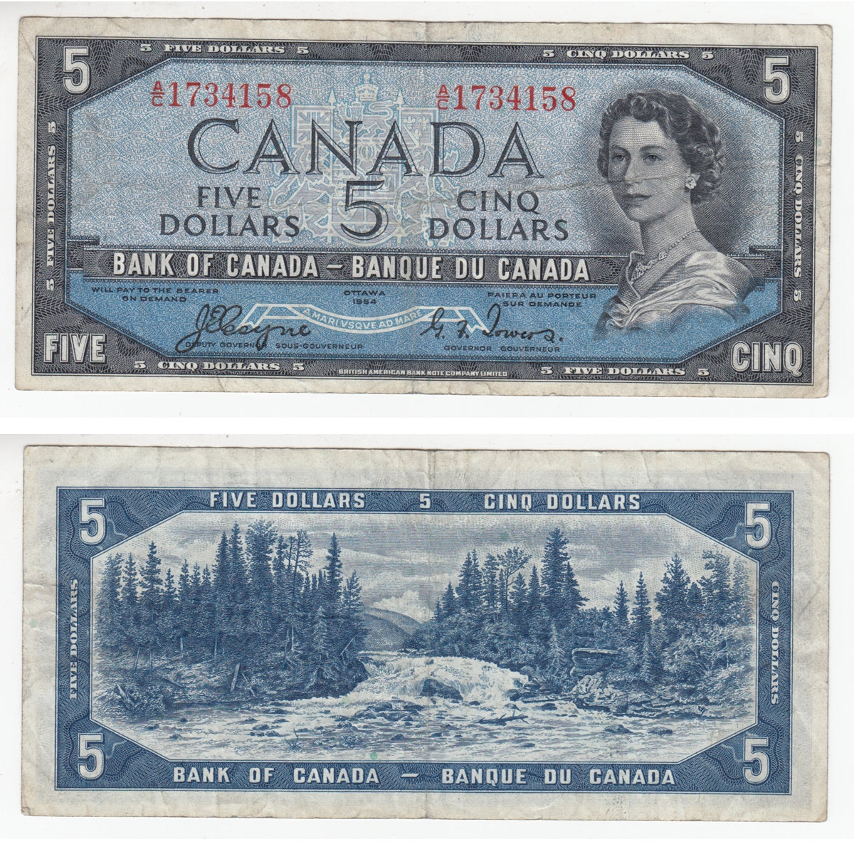 BC-31a 1954 Canada $5 Coyne-Towers, Devil's Face, A/C, Very Fine (VF20)