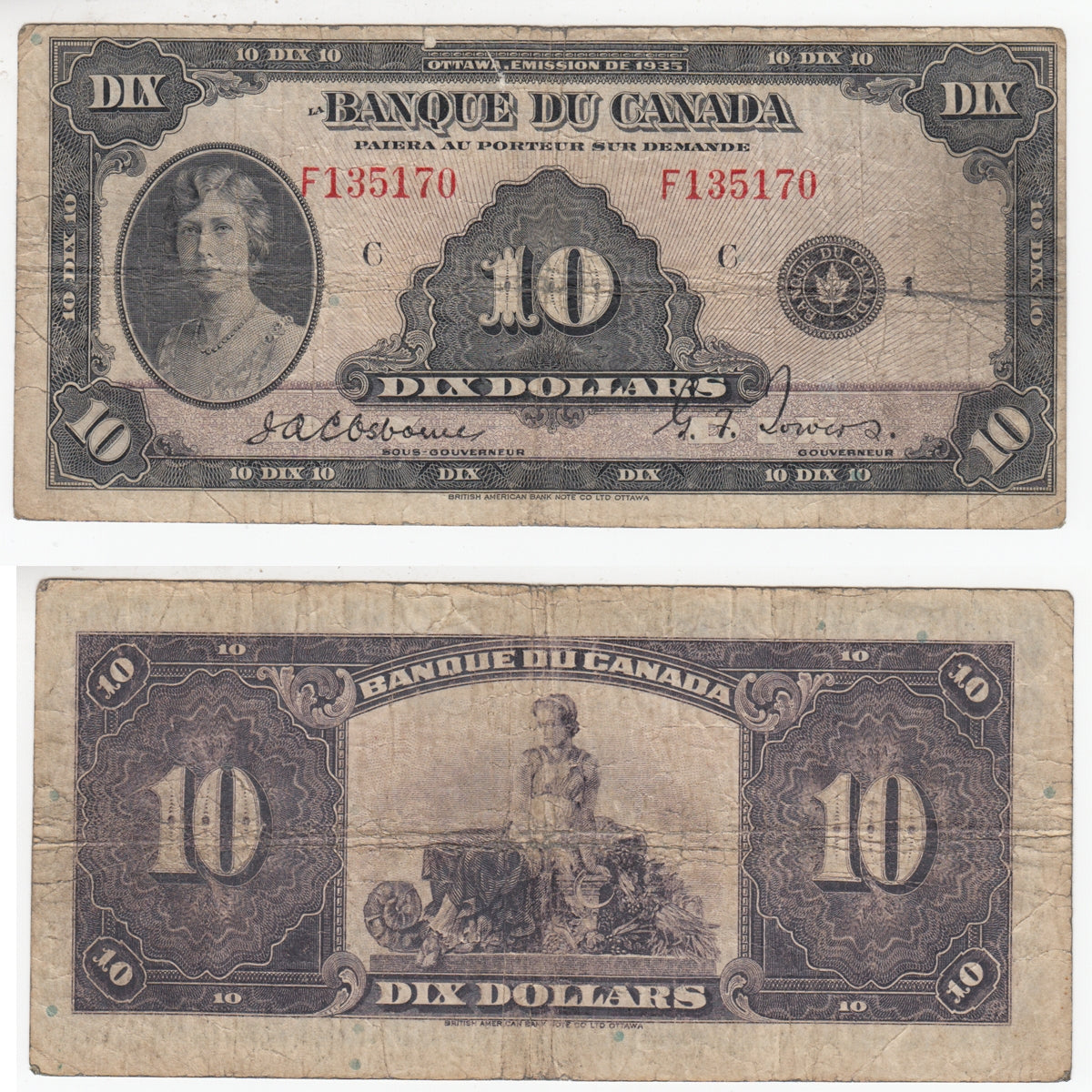 BC-8 1935 Canada $10 Osborne-Towers, French, Very Good (VG8)