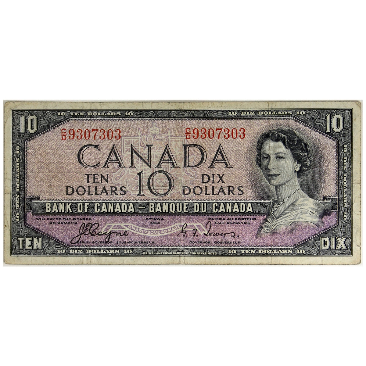 BC-32a 1954 Canada $10 Coyne-Towers, Devil's Face, C/D, Fine (F12)