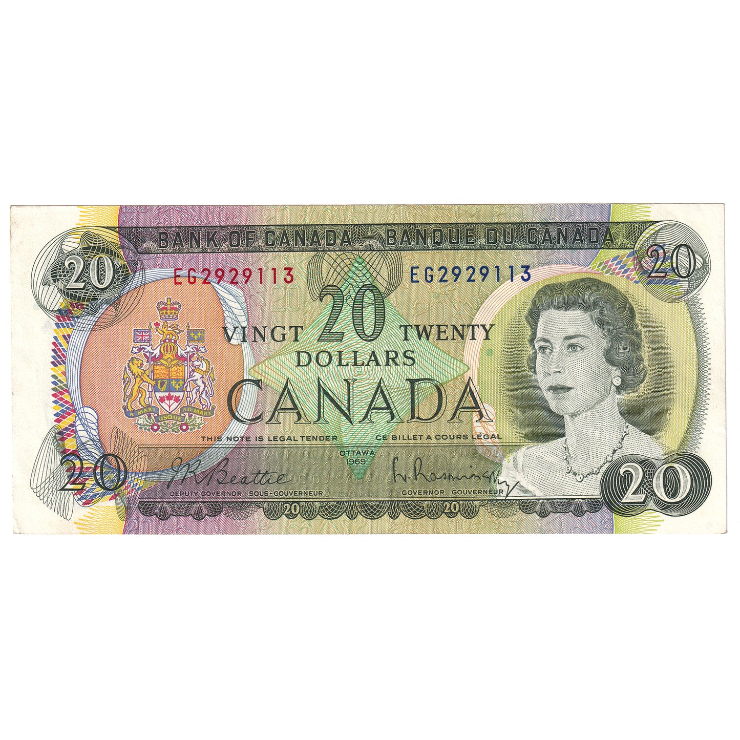 BC-50a 1969 Canada $20 Beattie-Rasminsky, EG, EF-AU (EF45)