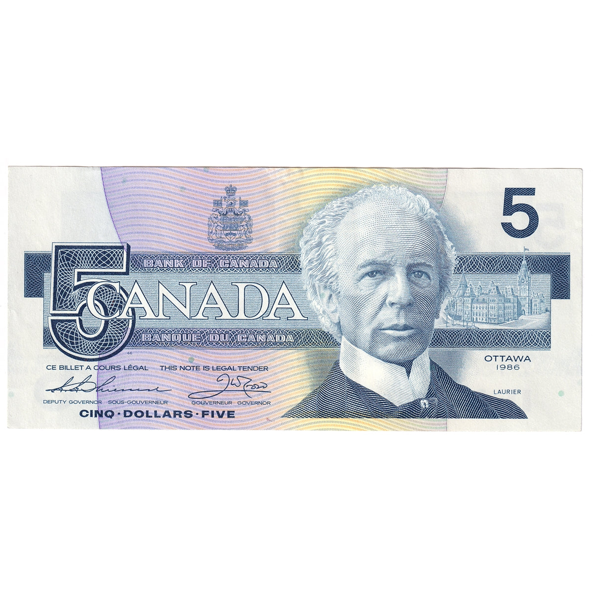 BC-56b 1986 Canada $5 Thiessen-Crow, GNC, Almost Uncirculated (AU50)