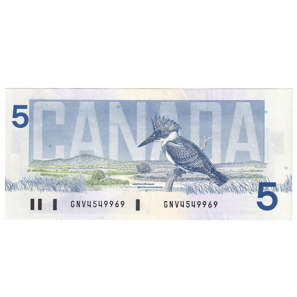BC-56b 1986 Canada $5 Thiessen-Crow, GNV, Almost Uncirculated (AU50)