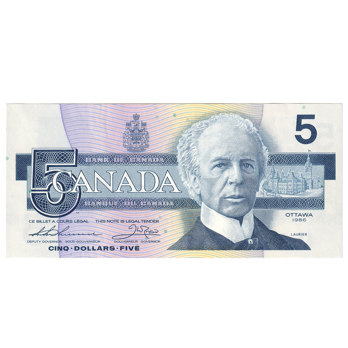 BC-56b 1986 Canada $5 Thiessen-Crow, GNV, Almost Uncirculated (AU50)