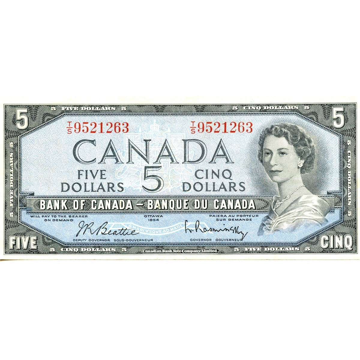 BC-39b 1954 Canada $5 Beattie-Rasminsky, T/S, Very Fine (VF20)