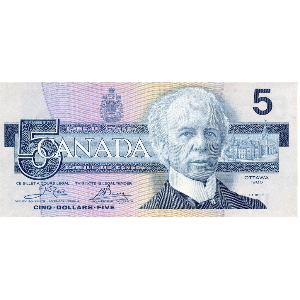 BC-56a 1986 Canada $5 Crow-Bouey, ENU, Almost Uncirculated (AU50)