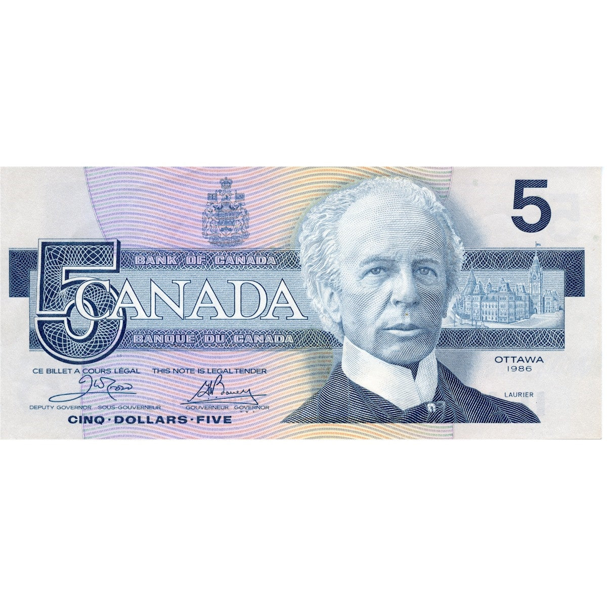 BC-56a 1986 Canada $5 Crow-Bouey, ENU, Almost Uncirculated (AU50)