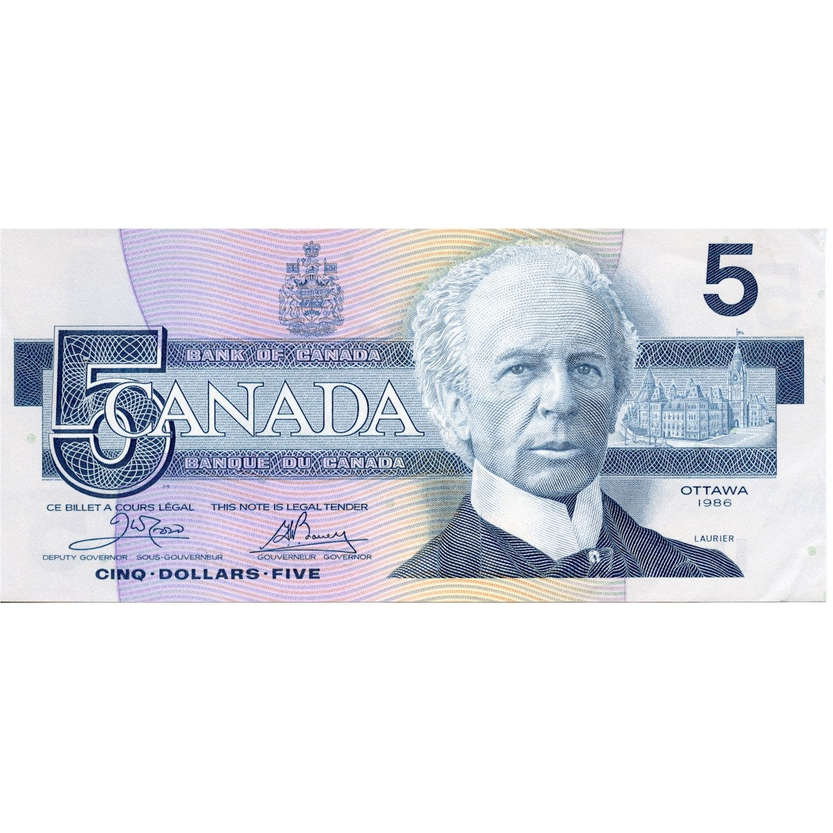 BC-56a 1986 Canada $5 Crow-Bouey, ENZ, Almost Uncirculated (AU50)