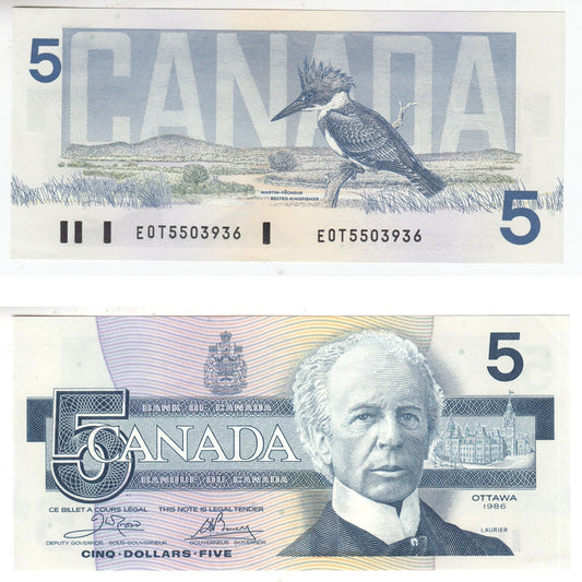 BC-56a-i 1986 Canada $5 Crow-Bouey, EOT, AU-UNC