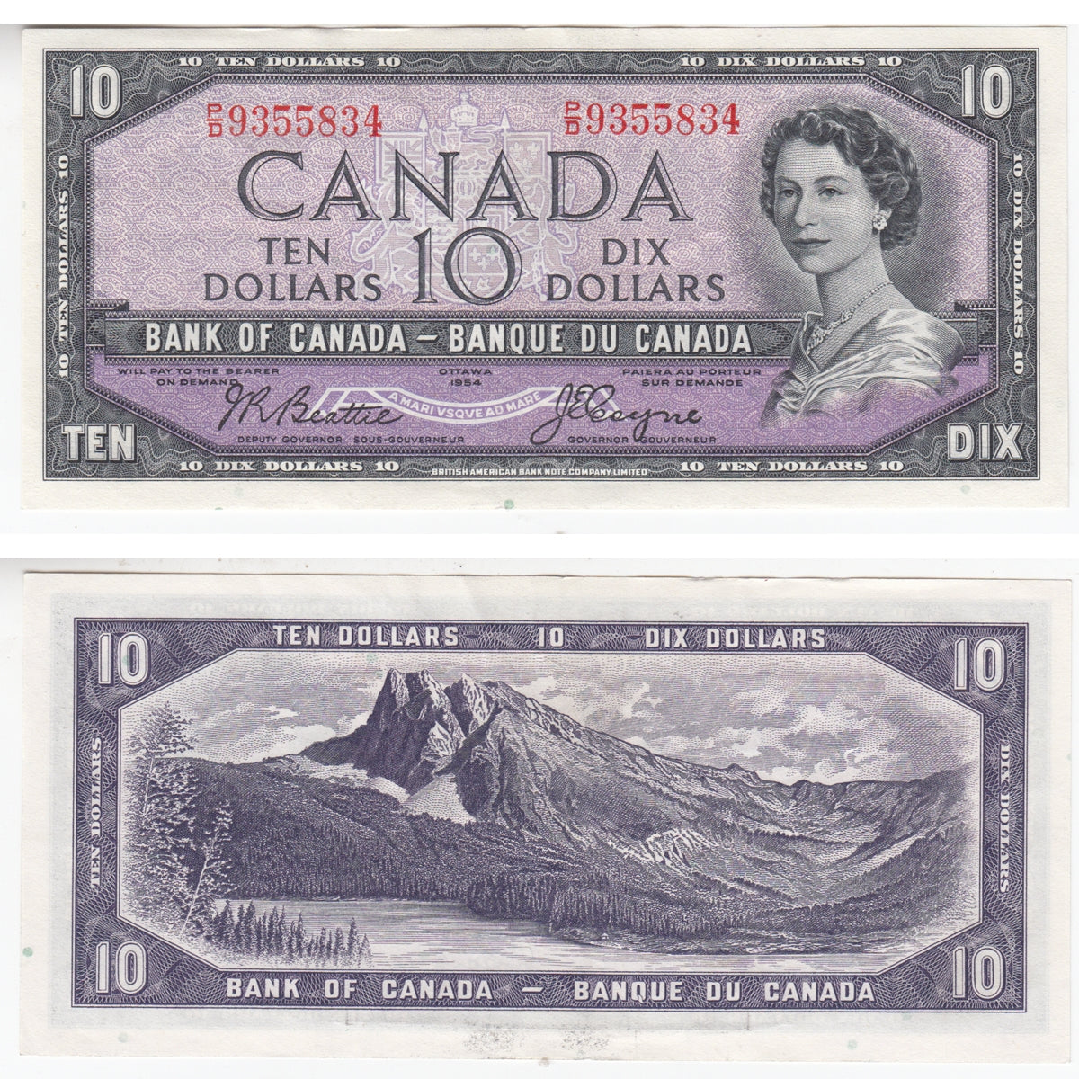 BC-40a 1954 Canada $10 Beattie-Coyne, P/D, Almost Uncirculated (AU50)