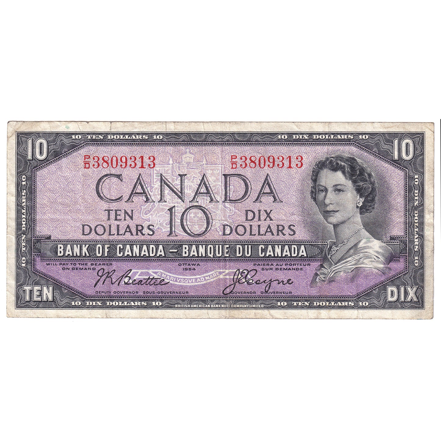 BC-40a 1954 Canada $10 Beattie-Coyne, P/D, VF