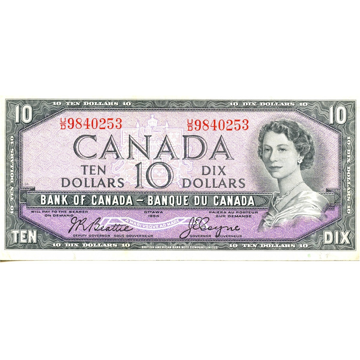 BC-40a 1954 Canada $10 Beattie-Coyne, U/D, Very Fine (VF20)