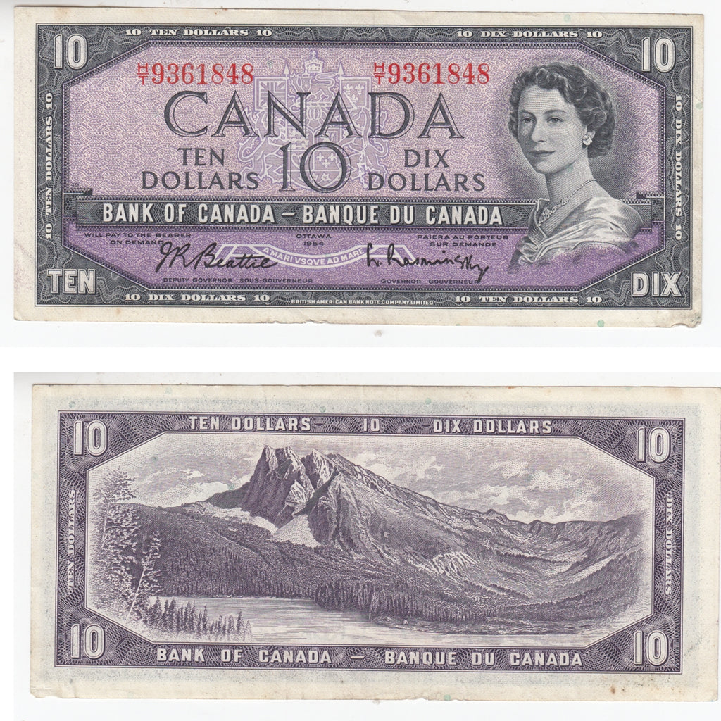 BC-40b 1954 Canada $10 Beattie-Rasminsky, H/T, EF-AU (EF45)
