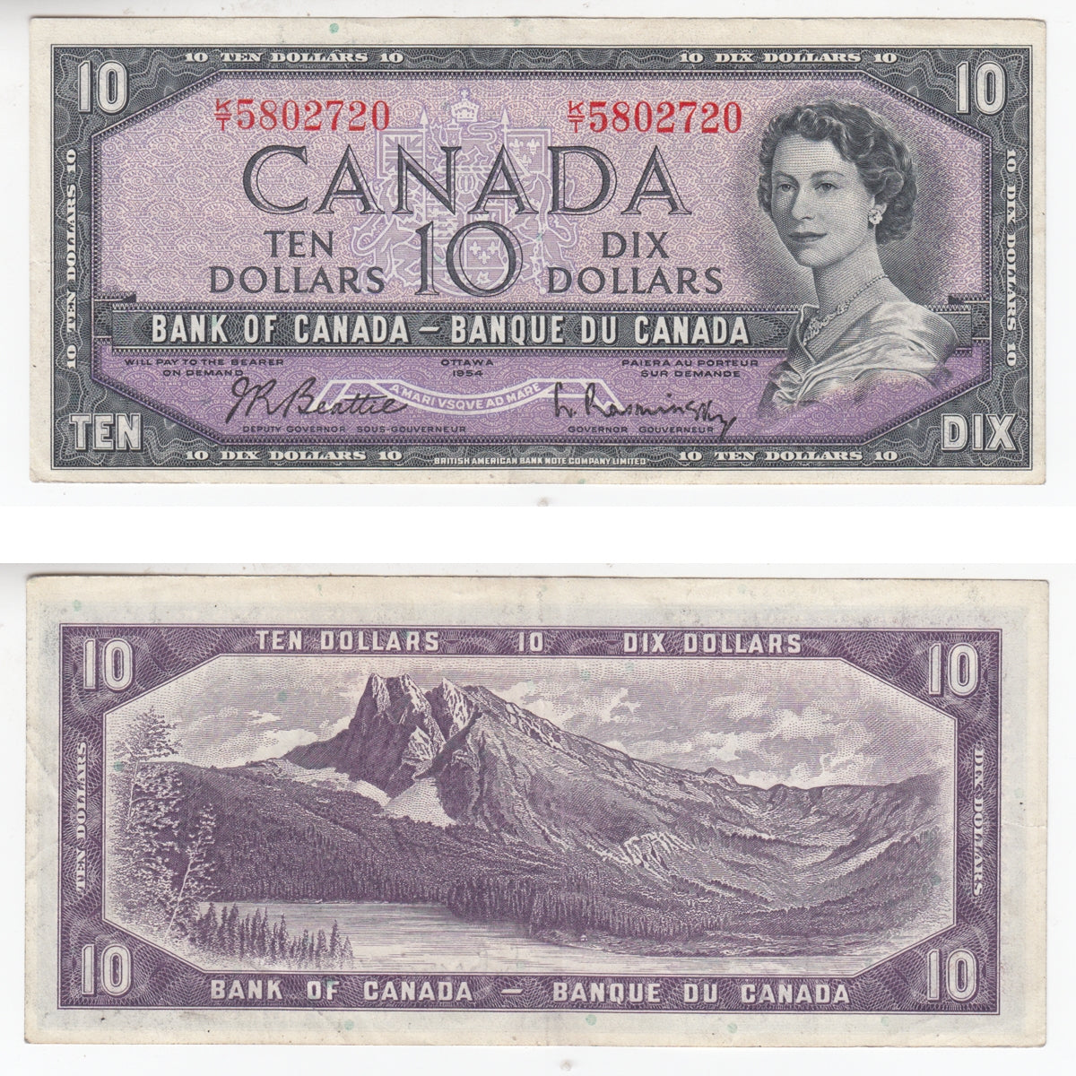 BC-40b 1954 Canada $10 Beattie-Rasminsky, K/T, EF-AU (EF45)