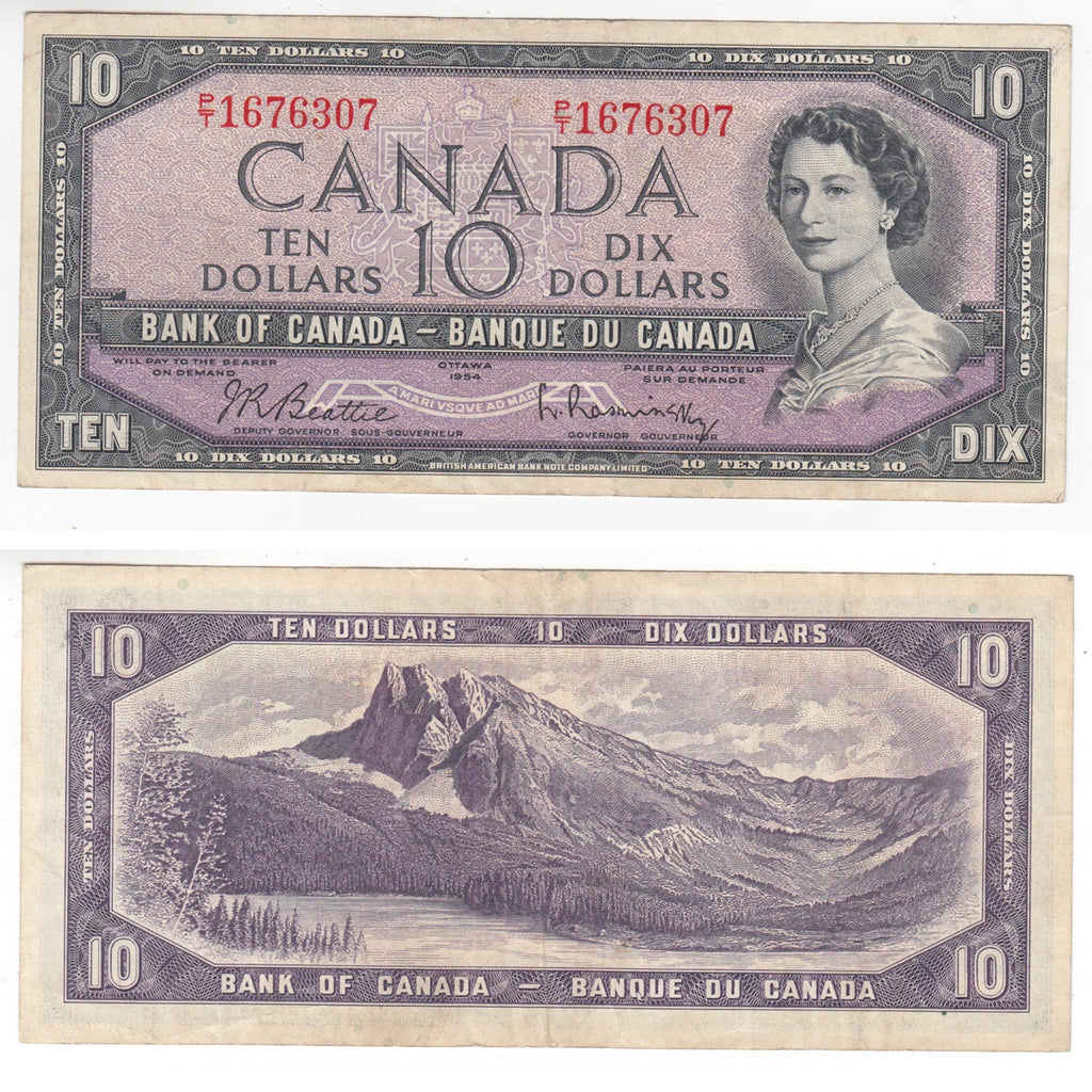 BC-40b 1954 Canada $10 Beattie-Rasminsky, P/T, Very Fine (VF20)