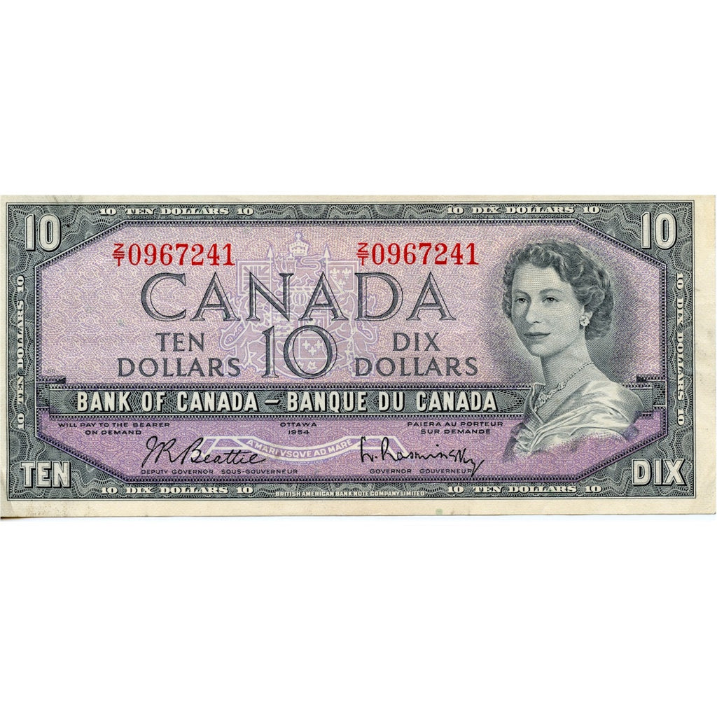 BC-40b 1954 Canada $10 Beattie-Rasminsky, Z/T, Very Fine (VF20)