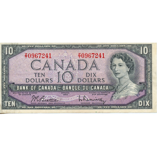 BC-40b 1954 Canada $10 Beattie-Rasminsky, Z/T, Very Fine (VF20)