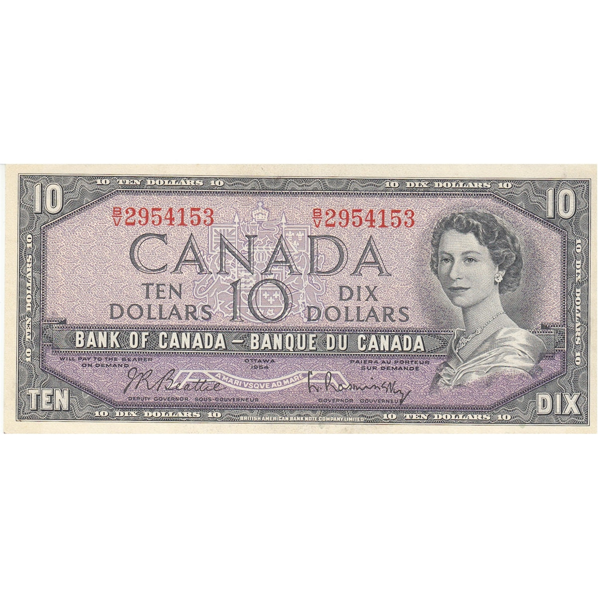 BC-40b 1954 Canada $10 Beattie-Rasminsky, B/V, Extra Fine (EF40)