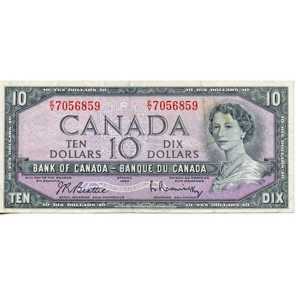 BC-40b 1954 Canada $10 Beattie-Rasminsky, E/V, F-VF (F15)