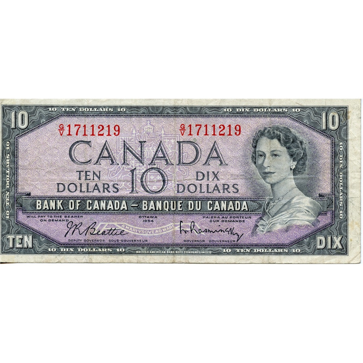 BC-40b 1954 Canada $10 Beattie-Rasminsky, G/V, F-VF (F15)