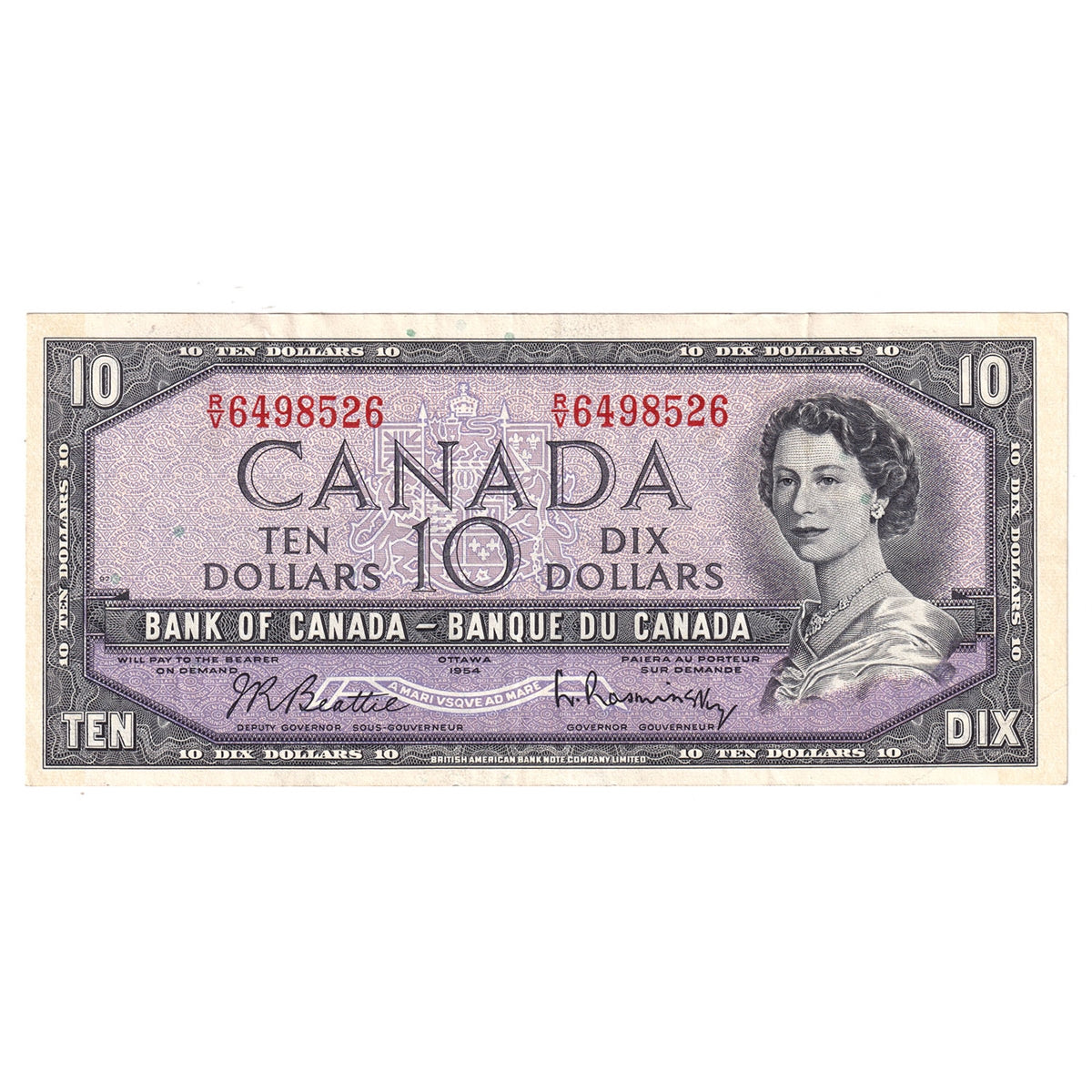 BC-40b 1954 Canada $10 Beattie-Rasminsky, R/V, VF-EF (VF30)