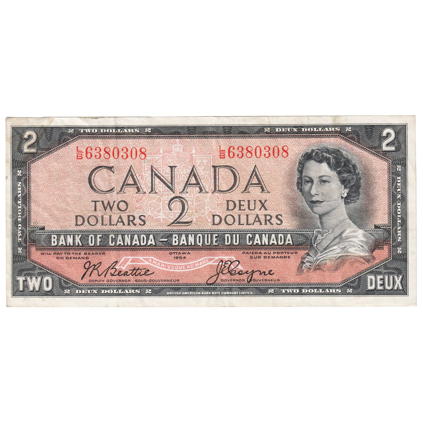 BC-38a 1954 Canada $2 Beattie-Coyne, L/B, VF-EF