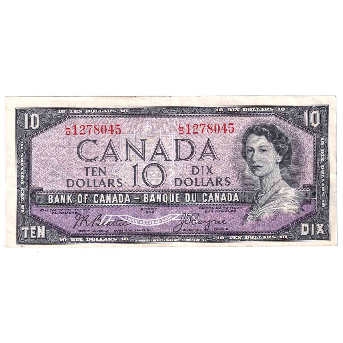 BC-40a 1954 Canada $10 Beattie-Coyne, L/D, Very Fine (VF20)