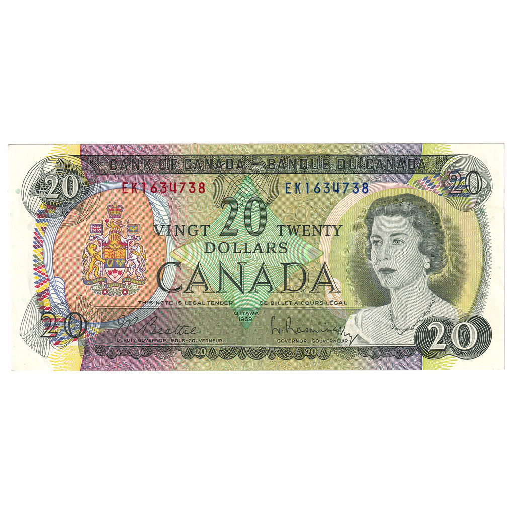 BC-50a 1969 Canada $20 Beattie-Rasminsky, EK, Almost Uncirculated (AU50)
