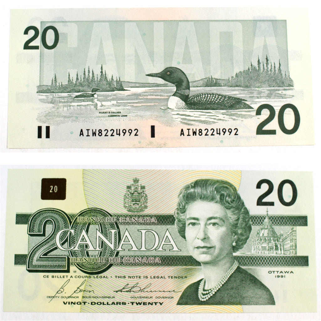BC-58b-i 1991 Canada $20 Bonin-Thiessen, AIW with Serifs, Almost Uncirculated (AU50)