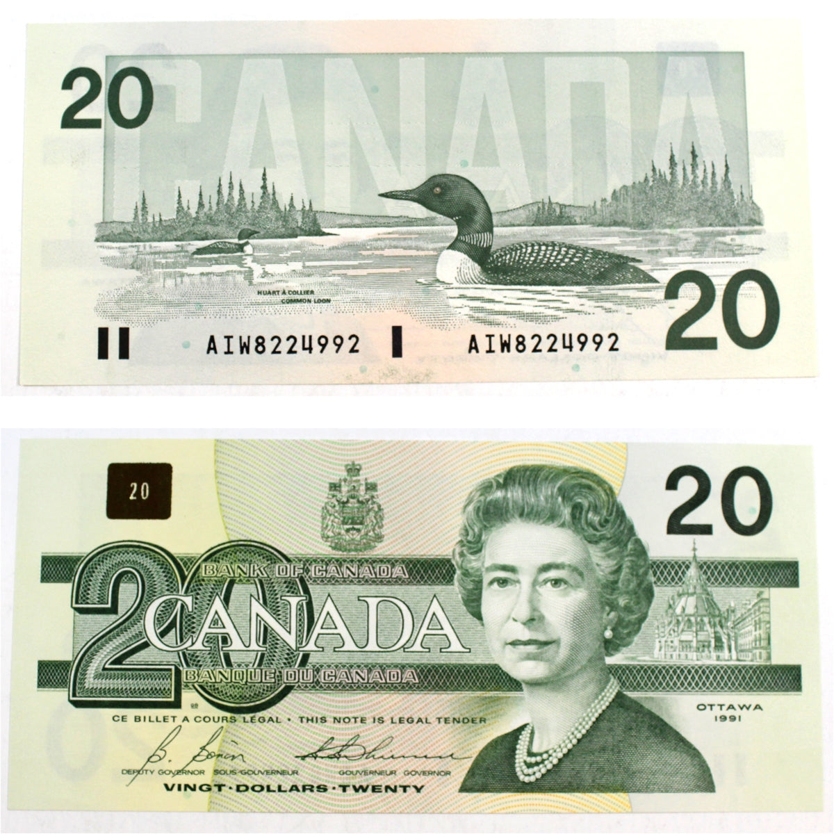 BC-58b-i 1991 Canada $20 Bonin-Thiessen, AIW with Serifs, Almost Uncirculated (AU50)