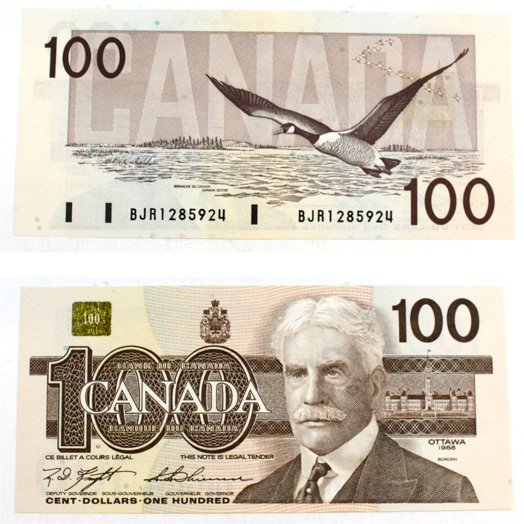 BC-60c 1988 Canada $100 Knight-Thiessen, BJR, Almost Uncirculated (AU50)