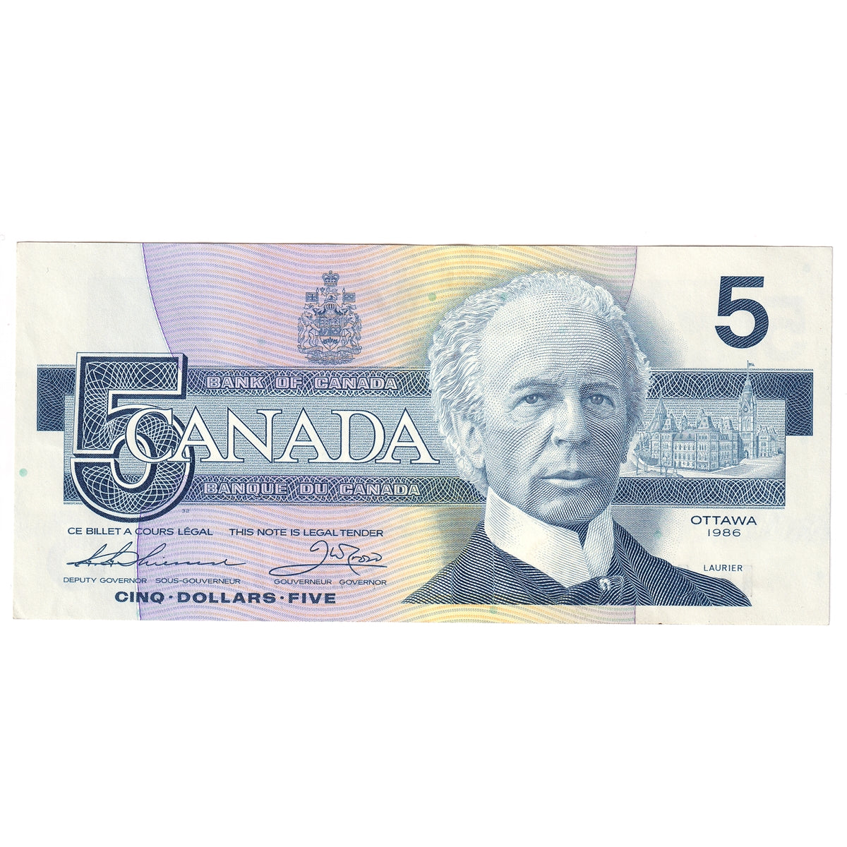 BC-56b 1986 Canada $5 Thiessen-Crow, FOA, Almost Uncirculated (AU50)