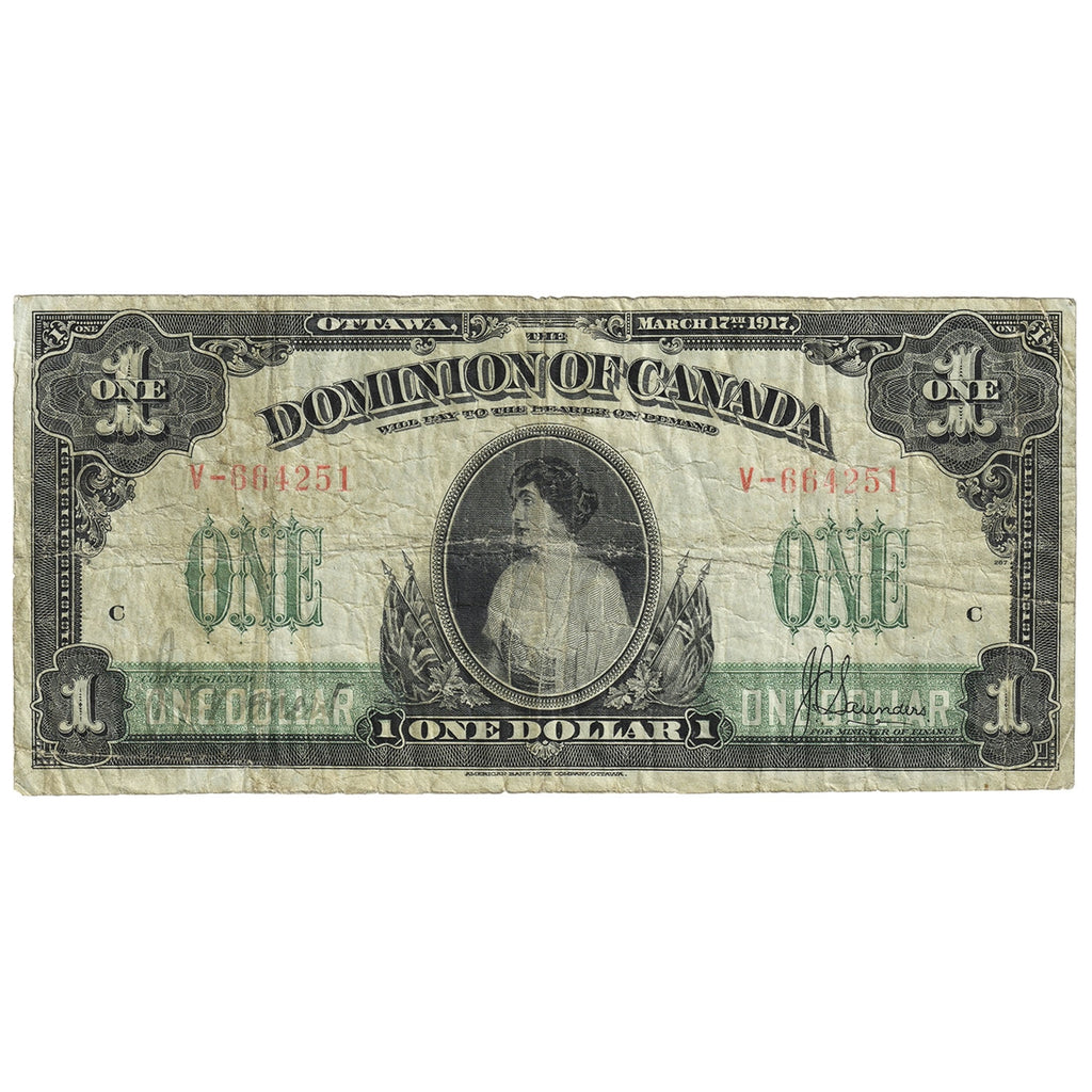 DC-23b 1917 Dominion $1 Various-Saunders, No Seal, Series V, VG-F (VG10)