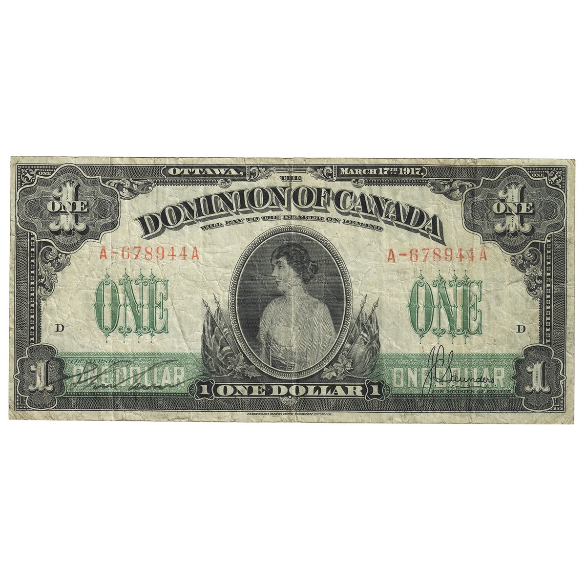 DC-23b-i 1917 Dominion $1 Various-Saunders, No Seal, Series A, Very Fine (VF20)