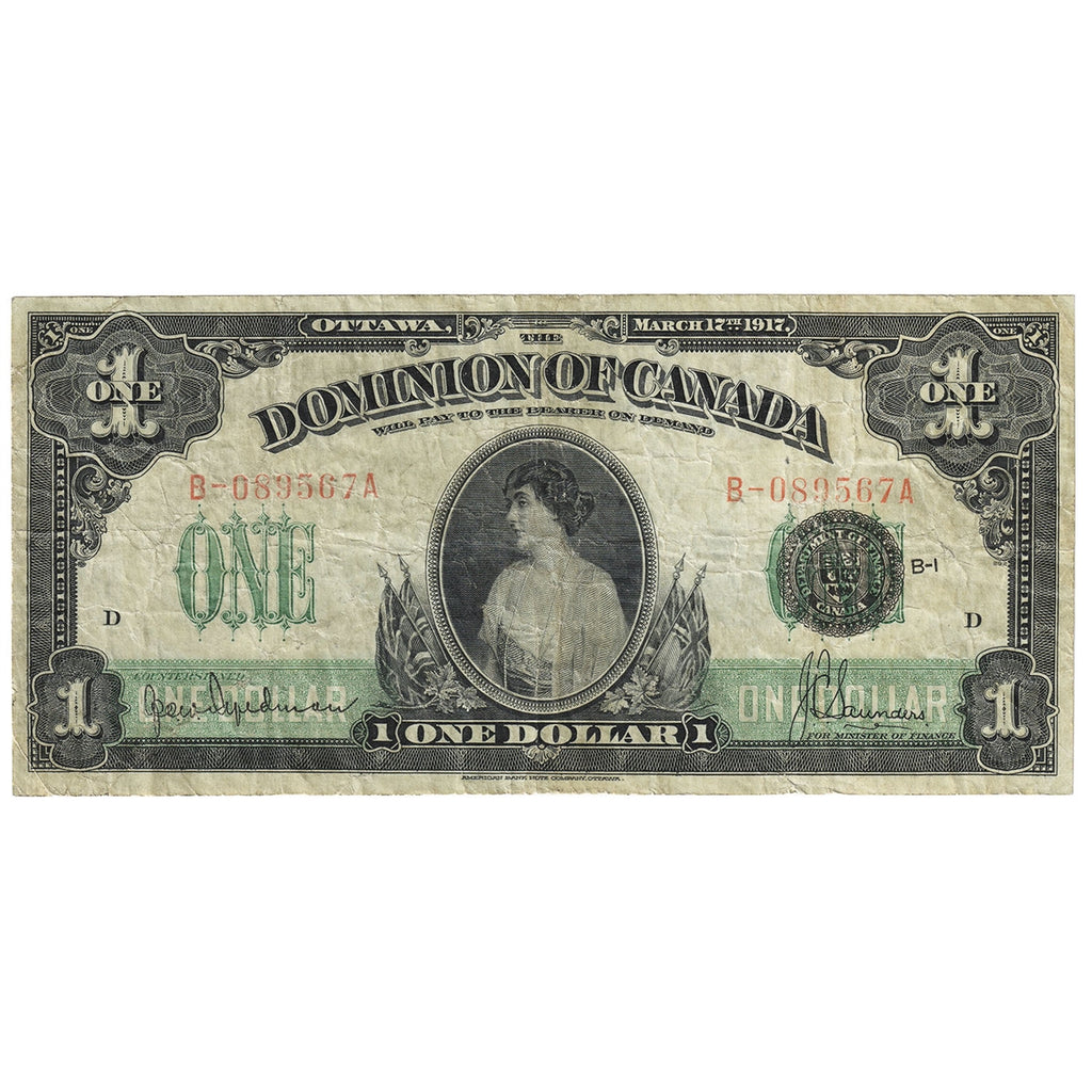 DC-23c 1917 Dominion $1 Hyndman-Saunders, Seal Over ONE, Series B, Very Fine (VF20)