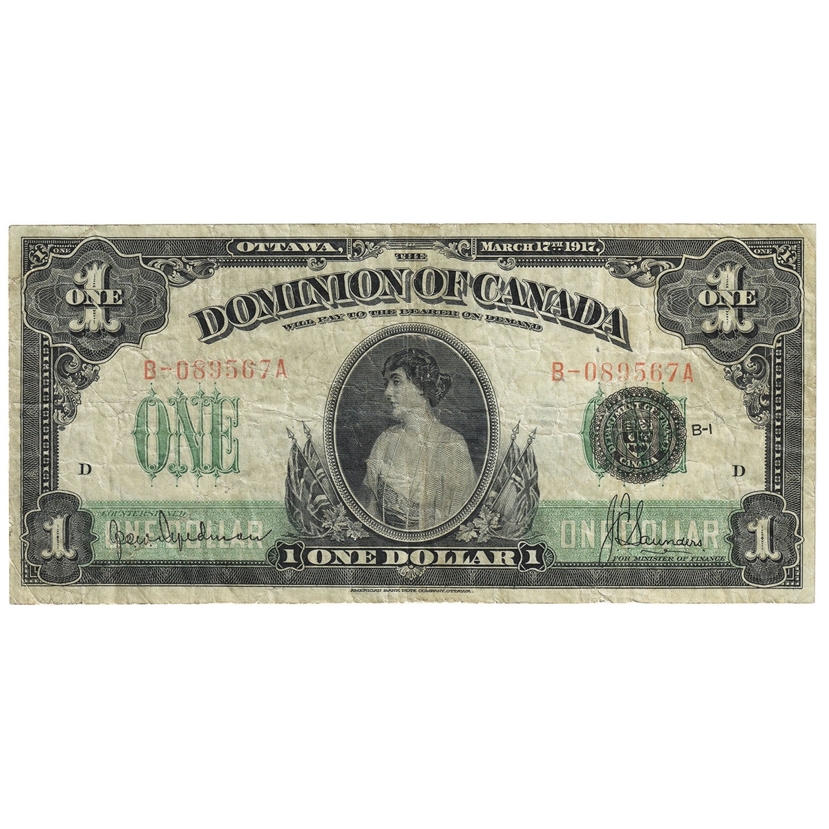 DC-23c 1917 Dominion $1 Hyndman-Saunders, Seal Over ONE, Series B, Very Fine (VF20)