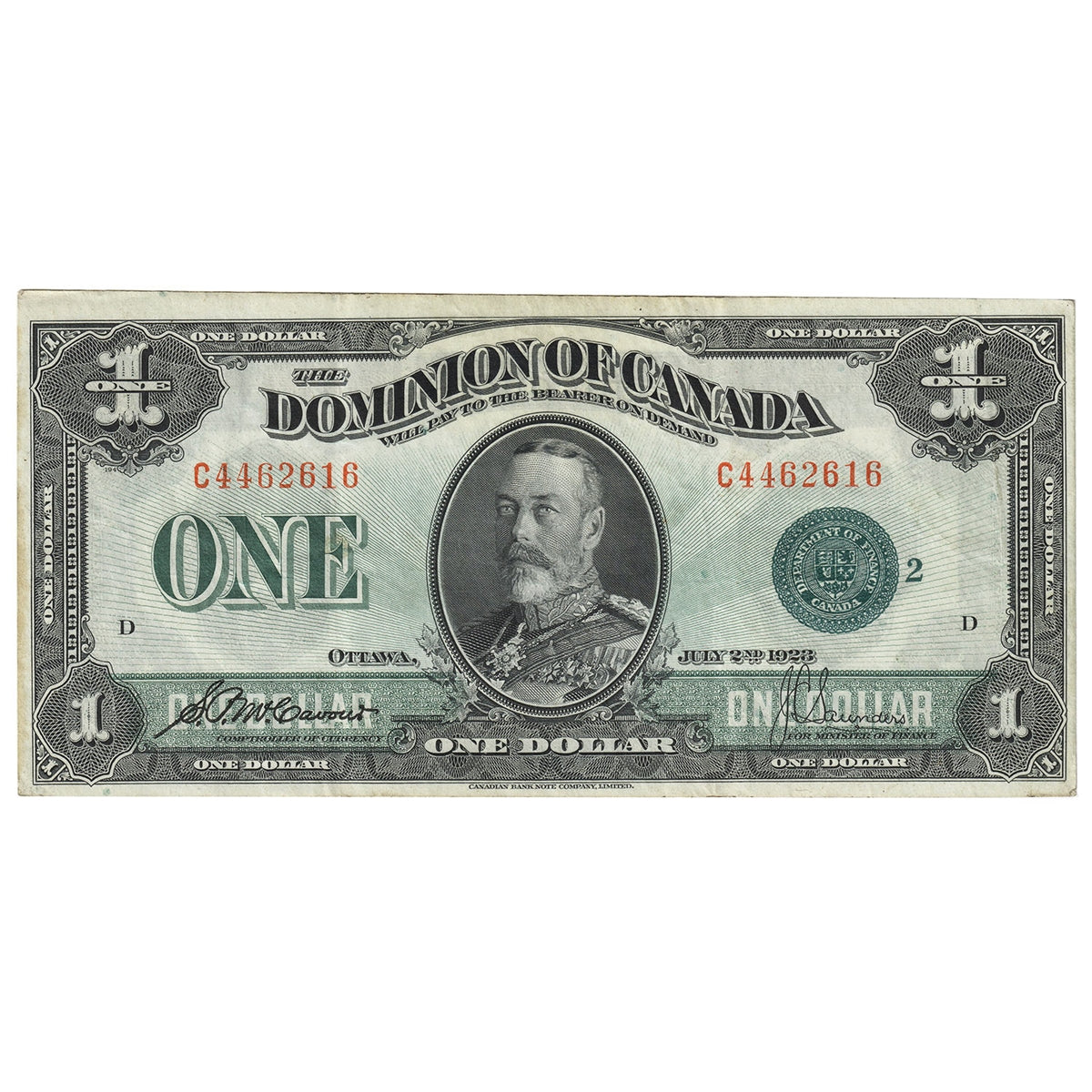 DC-25j 1923 Dominion $1 McCavour-Saunders, Green Seal, Group 2, Extra Fine (EF40)