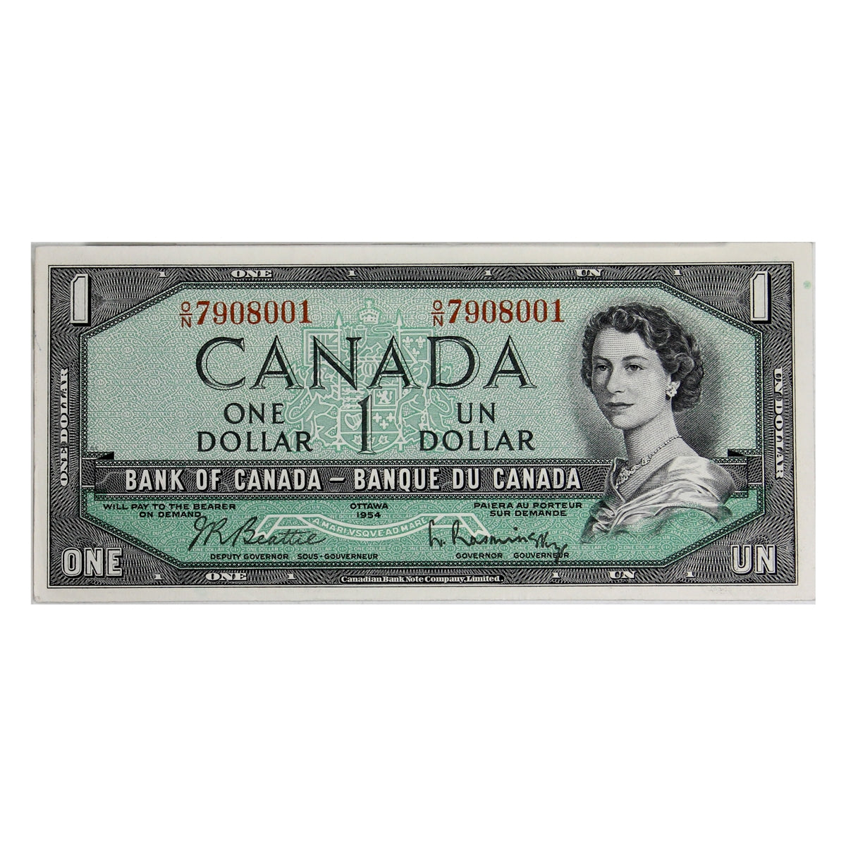 BC-37b 1954 Canada $1 Beattie-Rasminsky, O/N, Almost Uncirculated (AU50)