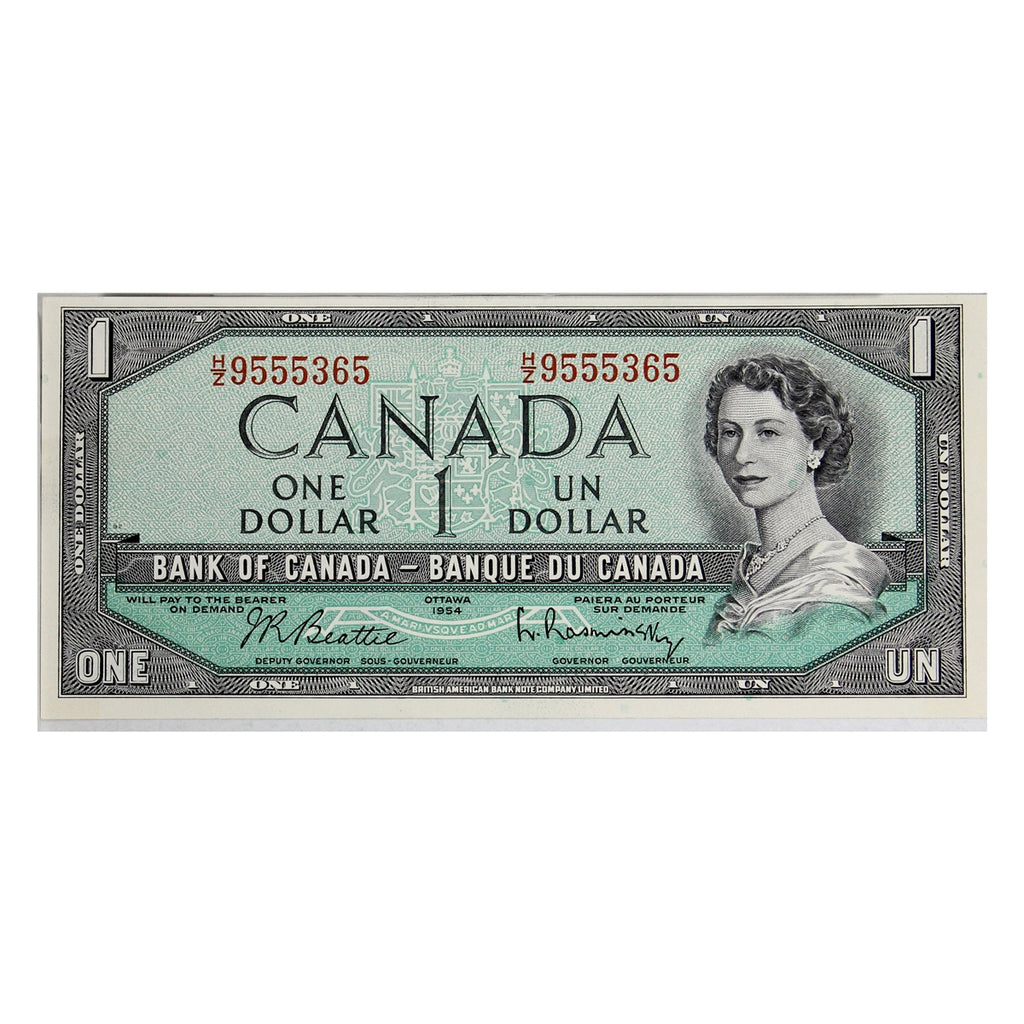 BC-37b-i 1954 Canada $1 Beattie-Rasminsky, H/Z, Uncirculated (MS60)