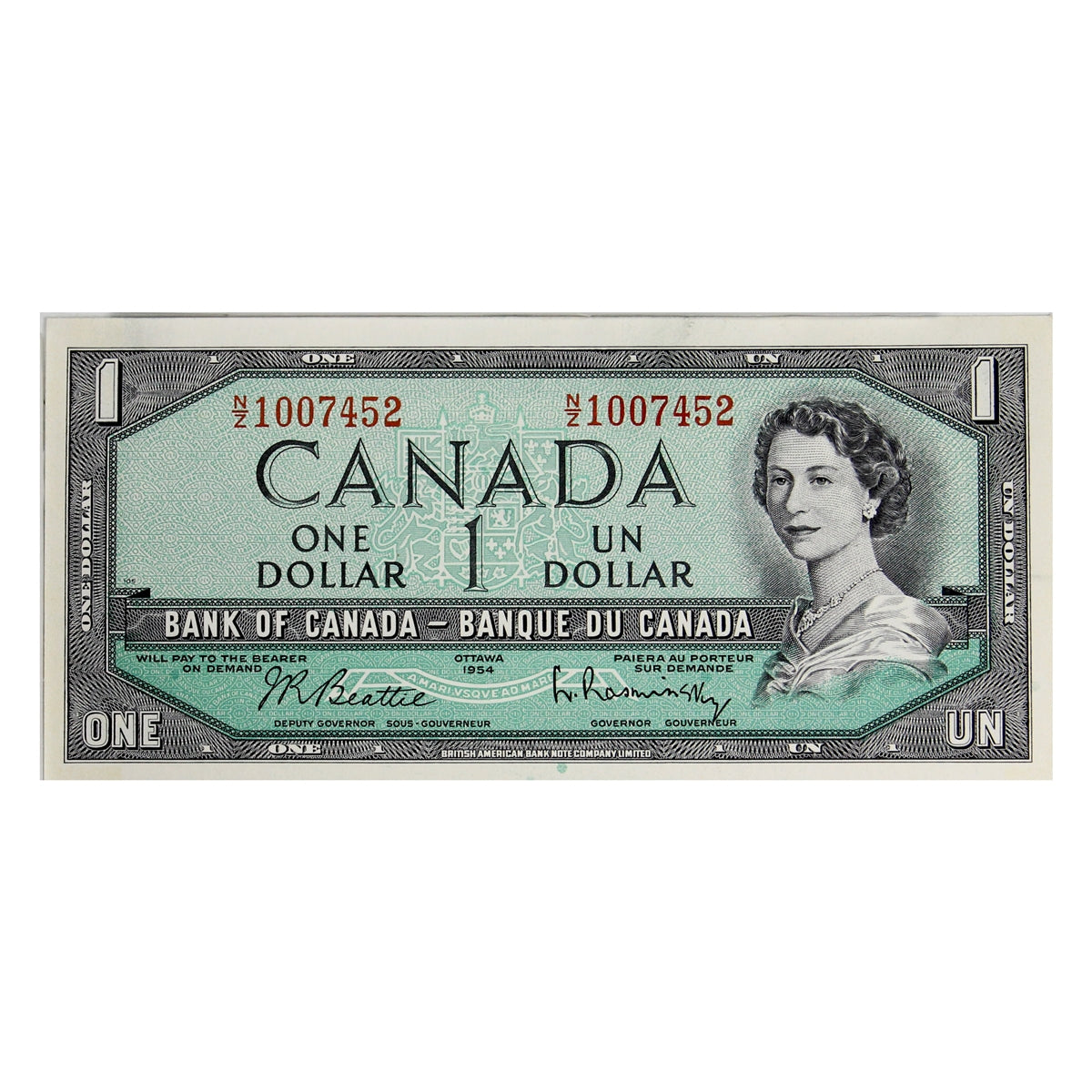 BC-37b-i 1954 Canada $1 Beattie-Rasminsky, N/Z, AU-UNC (AU55)